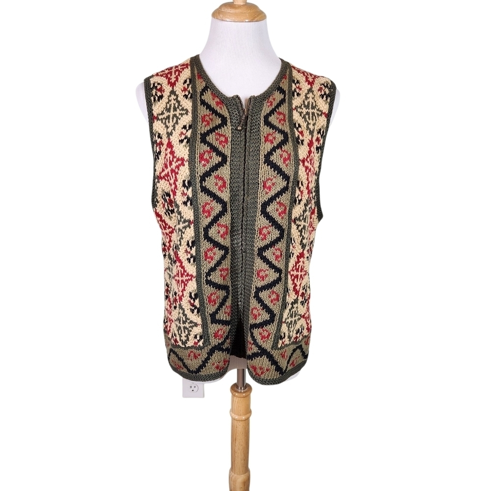 Vintage Susan Bristol Hand-Knit Vest with Red and Cream Accents